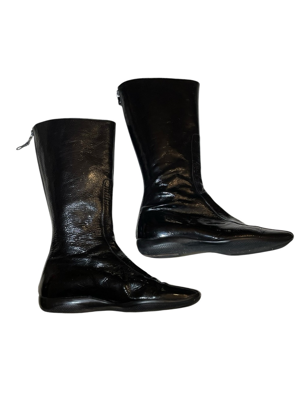 Prada Black Patent Tall Full Back Zip Low Heel Boots Womens Size 39 EU - Picture 2 of 16